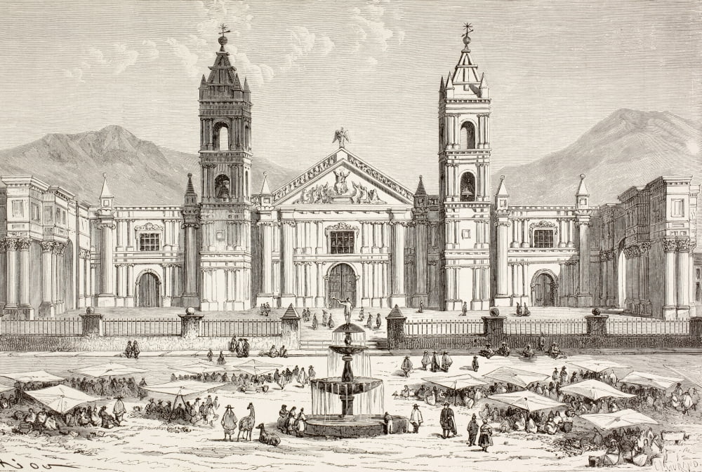 The Cathedral And Plaza De Armas At Arequipa Peru In The 19Th Century From A 19Th Century Illustration Canvas Art - Ken Welsh Design Pics (34 x 24)