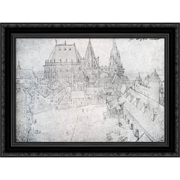 The Cathedral Of Aix-La-Chapelle With Its Surroundings, Seen From The Coronation Hall 24x20 Black Ornate Wood Framed Canvas Art by Durer, Albrecht