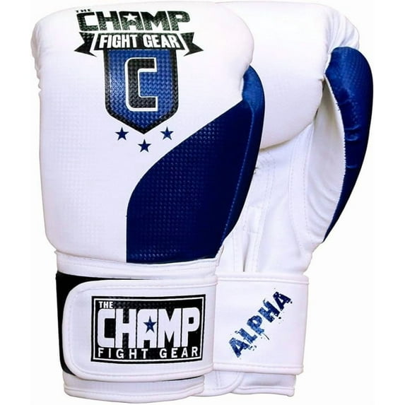 The Champ Fight Gear Alpha Series Boxing Gloves with Wrist Support for Boxing Kickboxing Muay Thai Training or Sparring Punching Bag Mitts,Blue/White, 12Oz