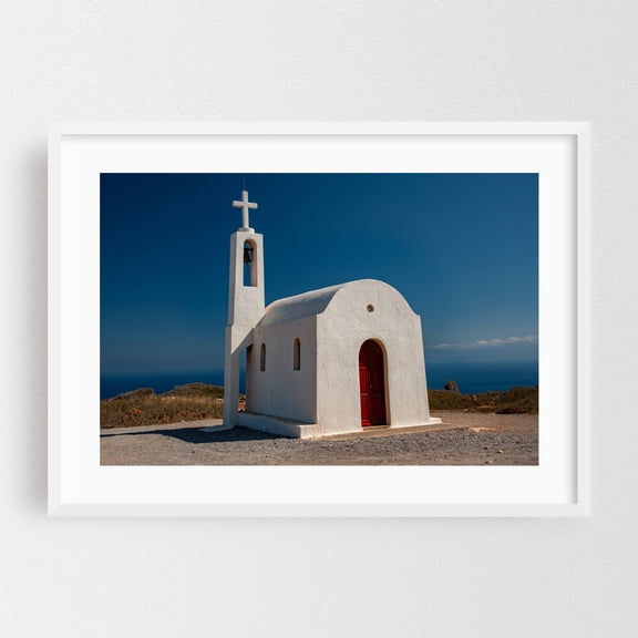 The Chapel - Greece Photography Church Architecture Seaside Scenic Minimalist Mediterranean Coastal White Framed Wall Art Print 16 x 24 inches