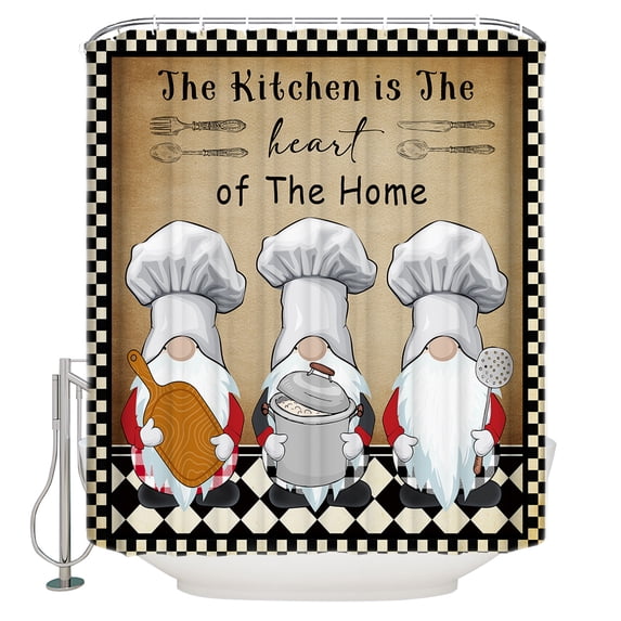 The Chef Shower Curtain, 72" x 72", Gnome Kitchen Retro Black Buffalo Plaid Waterproof Bathroom Curtain Washable Shower Curtain Set with 12 Hooks