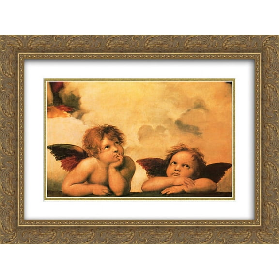 The Cherubim Putti Angels of The Sistine Madonna, c.1514 2x Matted 18x15 Gold Ornate Framed Art Print by Raphael