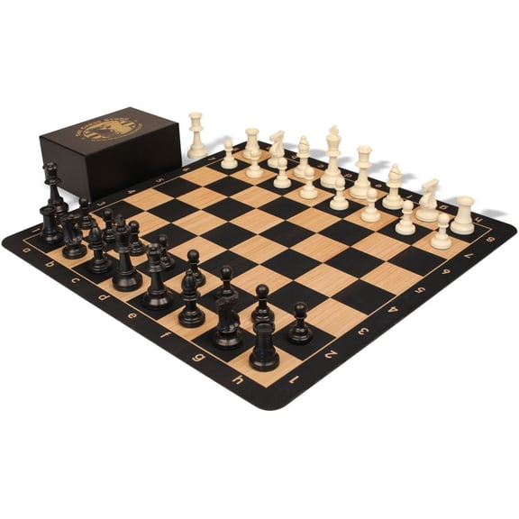 The Chess Store Master Series Plastic Chess Set Black & Ivory Pieces with Extra Queens, Macassar Ebony & Maple Floppy Chess Board & Box - 3.75" King