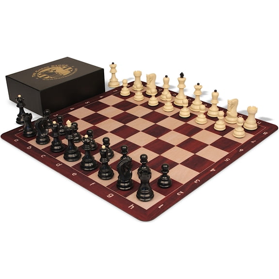 The Chess Store Zagreb Plastic Chess Set Black & Aged Ivory Pieces with Extra Queens, Rosewood & Maple Floppy Chess Board & Box - 3.75" King