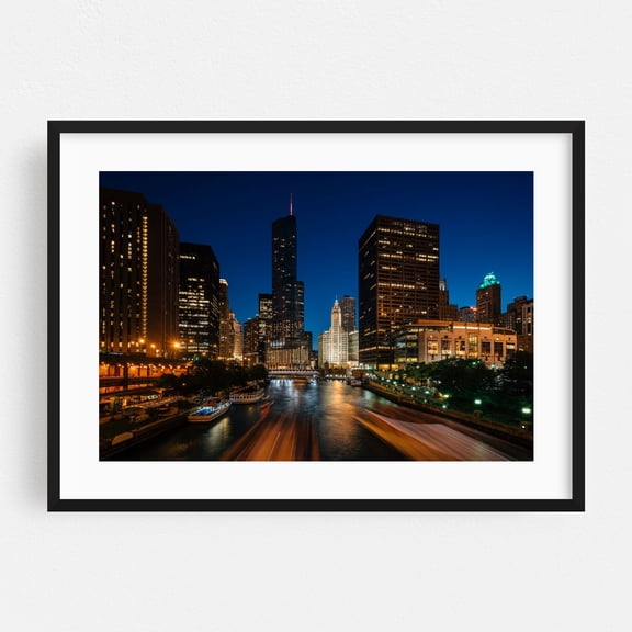 The Chicago River - Chicago Illinois Photography Cityscape Nightlife Skyline Architecture Bridge Water Black Framed Wall Art Print 5 x 7 inches