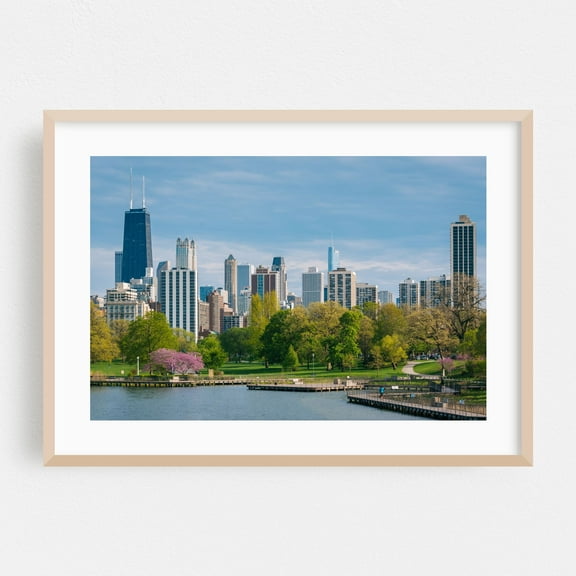 The Chicago Skyline & South Pond - Chicago Illinois Photography Skyline City Architecture Scenic Oak Framed Wall Art Print 5 x 7 inches