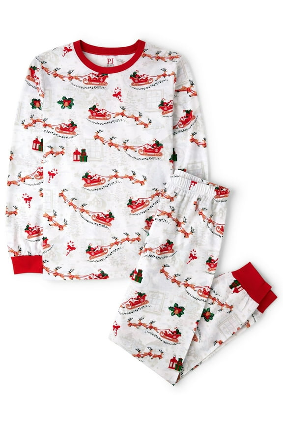 Adult Unisex Matching Family Santa Sleigh Cotton Pajamas, Adult Sizes XS-3XL