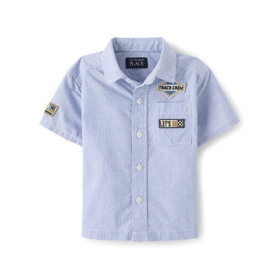 The Children's Place Baby And Toddler Boys Short Sleeve Embroidered Racecar Patch Poplin Button Up Shirt, Sizes 6M-5T