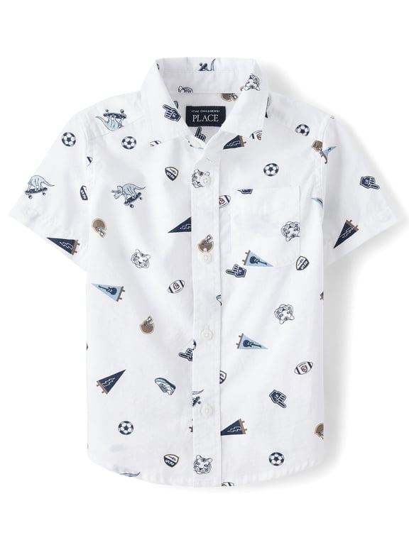 Baby And Toddler Boys Short Sleeve Print Poplin Button Up Shirt, Sizes 6M-5T