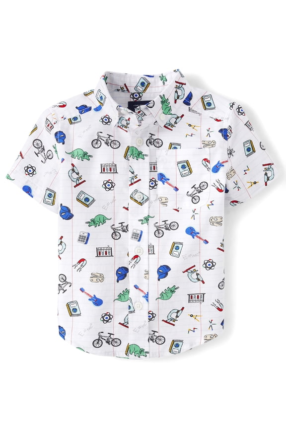 Baby Toddler Boys Short Sleeve School Doodle Button Up, Sizes 6M-5T