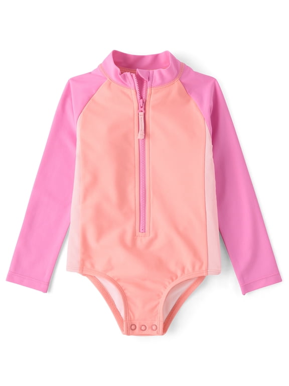 Baby & Toddler Girls Half Zip One-Piece Rashguard Swimsuit, Sizes 6M-5T