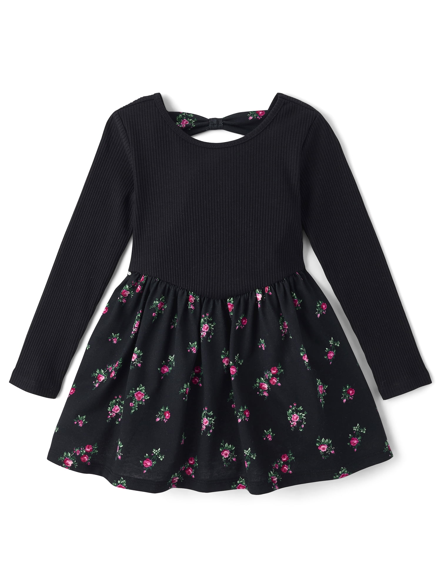 The Children's Place Toddler Girls Long Sleeve Floral Bow Back Dress Black 18-24 M