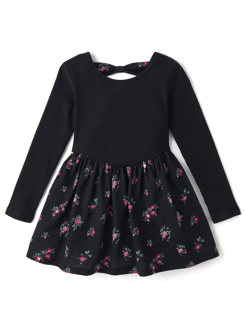 The Children's Place Toddler Girls Long Sleeve Floral Bow Back Dress Black 18-24 M