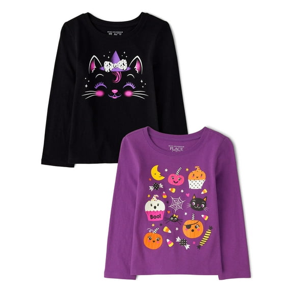 The Children's Place Baby Toddler Girls Long Sleeve Halloween Tee, 2-Pack, Sizes 12M-5T