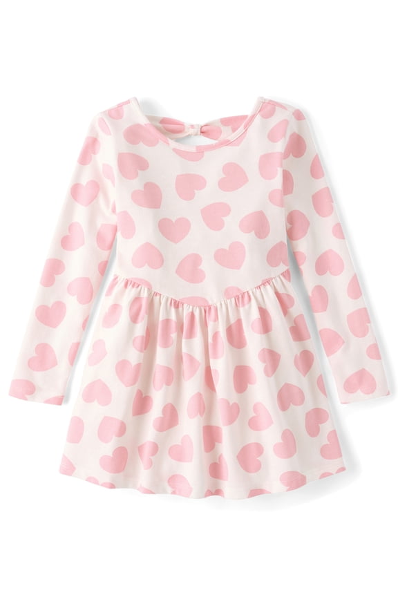 Baby & Toddler Girls Long Sleeve Hearts Bow Back Dress, Sizes 6M-5T