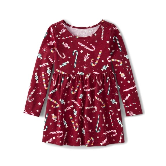 The Children's Place Baby & Toddler Girls Long Sleeve Printed Babydoll Dress, Sizes 6M-5T