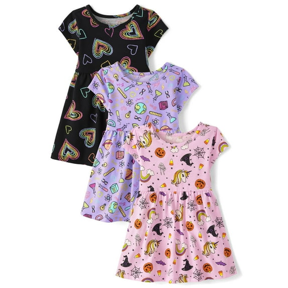 The Children's Place Baby Toddler Girls Short Sleeve Babydoll Dress, 3-Pack. Sizes 12M-5T