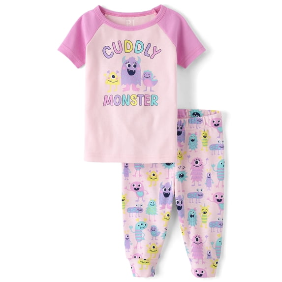 The Children's Place Baby & Toddler Girls Short Sleeve Cuddly Monster PJs, Sizes 12M-5T