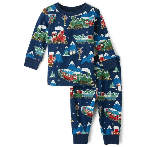 The Children's Place Baby Unisex Matching Sibling Glow-in-the-Dark Holiday Train Snug Fit Cotton Pajamas, Sizes 0-24 Months