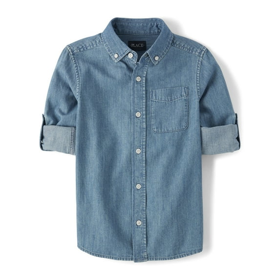 The Children's Place Boys Long Sleeve Button Up Chambray Shirt, Sizes XS-XXL