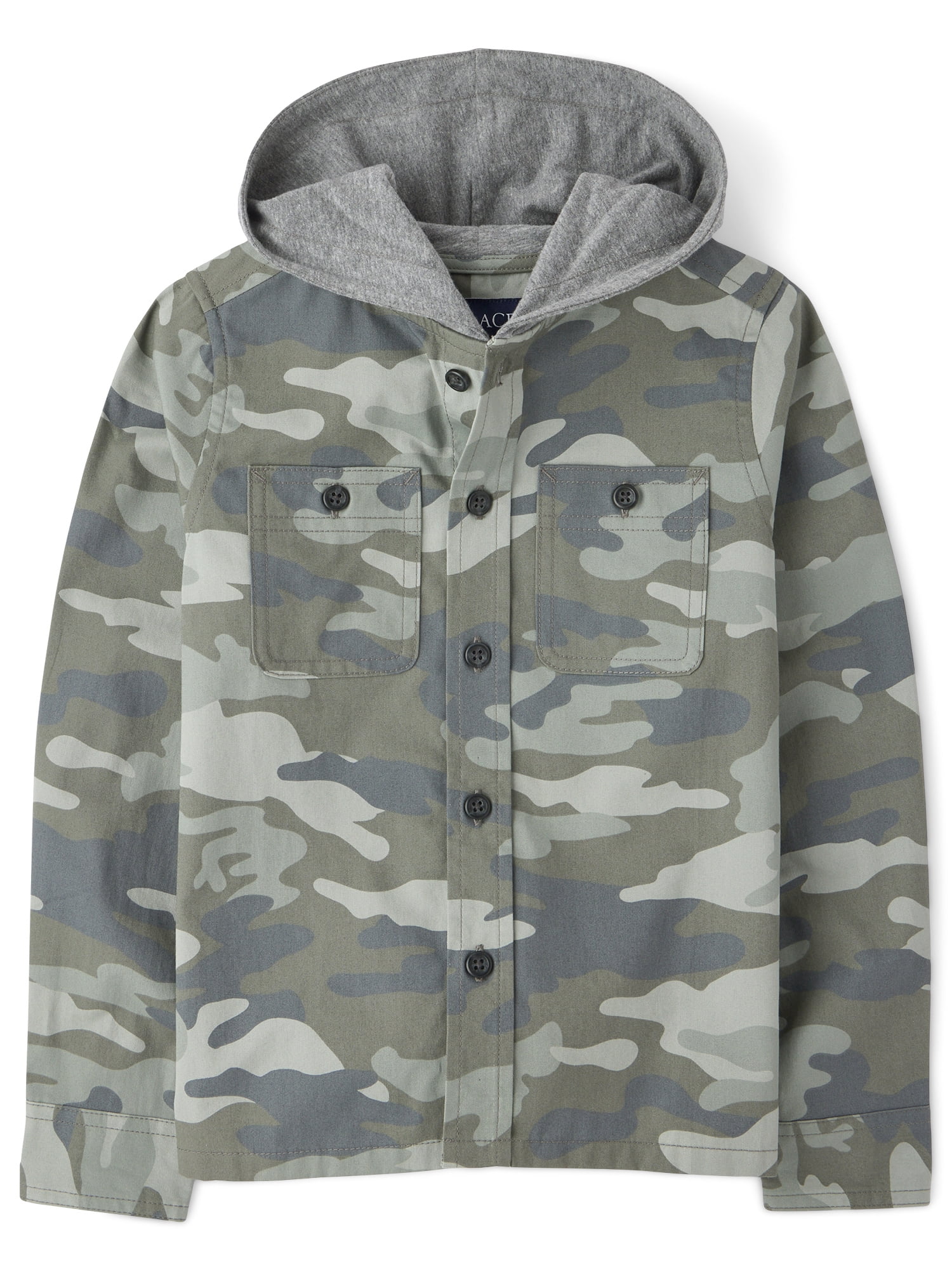 The Children's Place Boys Long Sleeve Camo Hooded Button Up Shirt, Sizes XS-XXL
