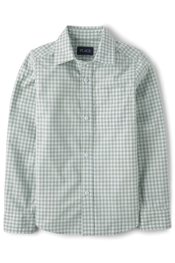 Boys Long Sleeve Gingham Poplin Button Up Shirt, Sizes S-XXL