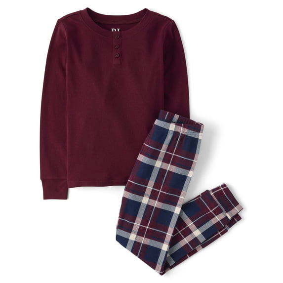 The Children's Place Boys Long Sleeve Plaid Henley Snug Fit Cotton PJs, Sizes 4-16