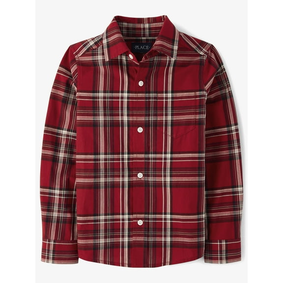 The Children's Place Boys Long Sleeve Plaid Poplin Button Up Shirt, Sizes S-XXL