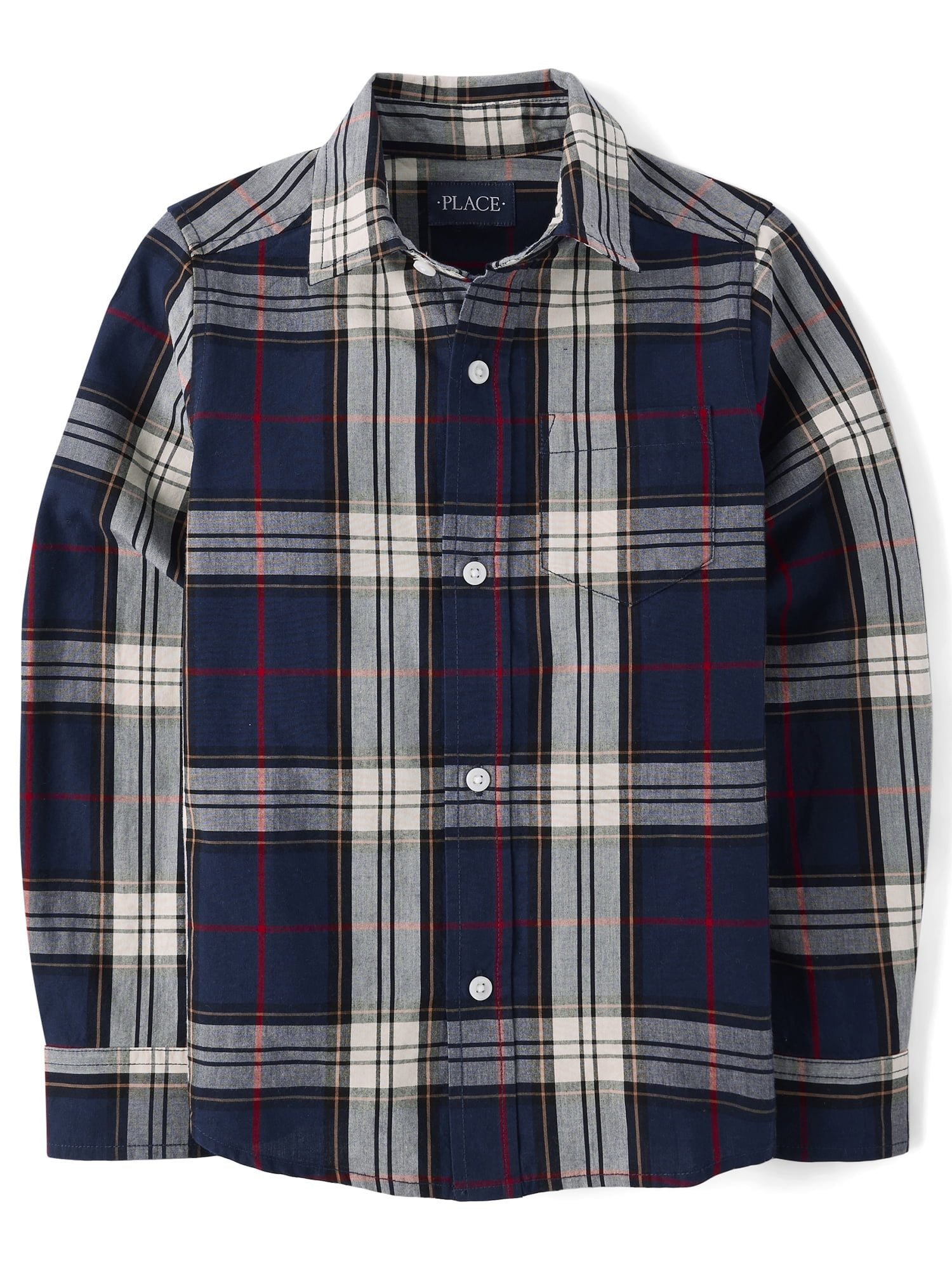 The Children's Place Boys Long Sleeve Plaid Poplin Button Up Shirt, Sizes S-XXL