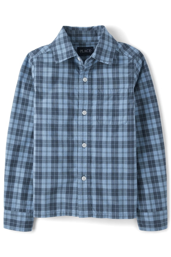 Boys Long Sleeve Plaid Poplin Button Up Shirt, Sizes S-XXL