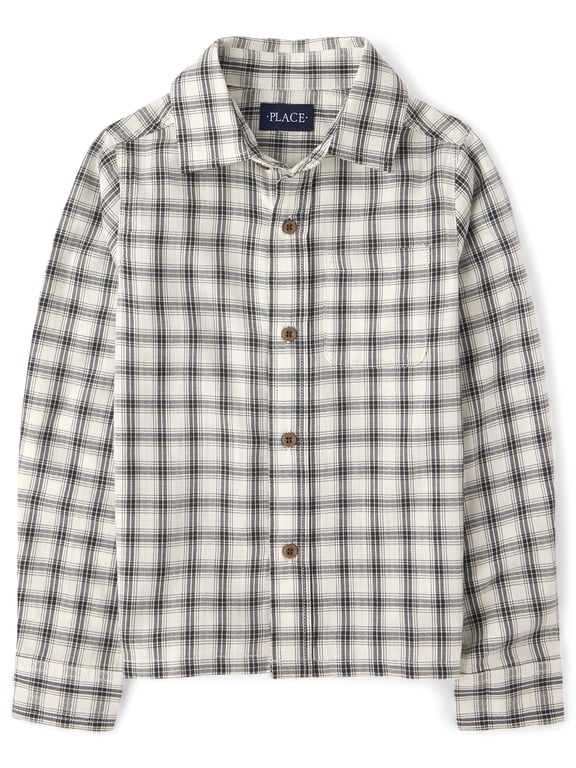 Boys Long Sleeve Plaid Textured Poplin Button Up Shirt, Sizes XS-XXL