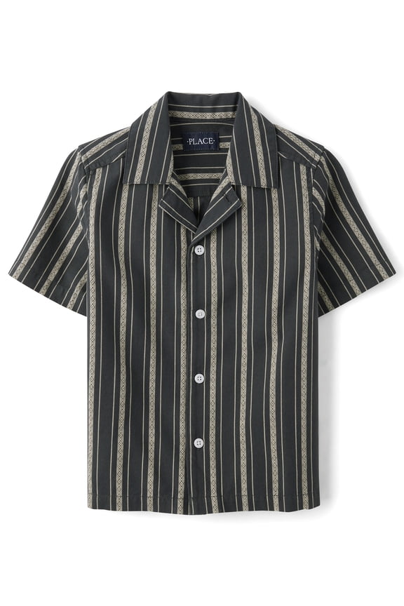 Boys Short Sleeve Embroidered Textured Button Up Shirt, Sizes S-XXL
