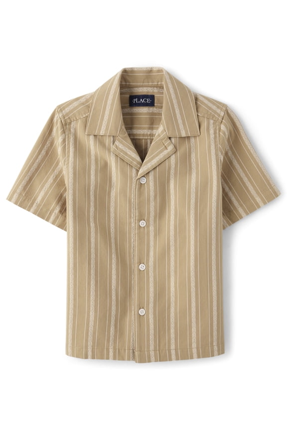 Boys Short Sleeve Embroidered Textured Button Up Shirt, Sizes XS-XXL