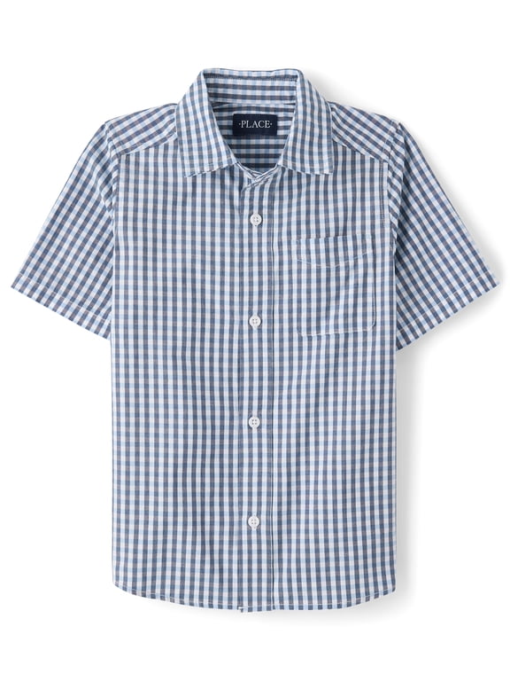 Boys Short Sleeve Gingham Poplin Button Up Shirt, Sizes XS-XXL