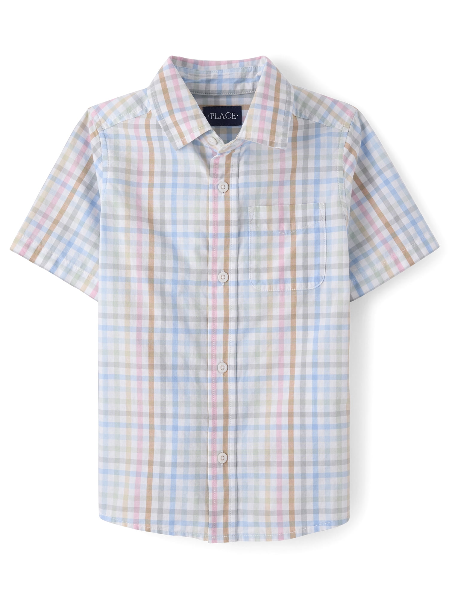 The Children's Place Boys Short Sleeve Gingham Poplin Button Up Shirt, Sizes XS-XXL