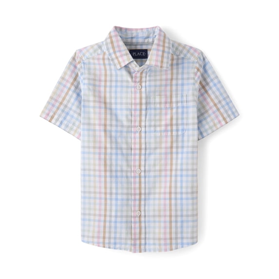 The Children's Place Boys Short Sleeve Gingham Poplin Button Up Shirt, Sizes XS-XXL