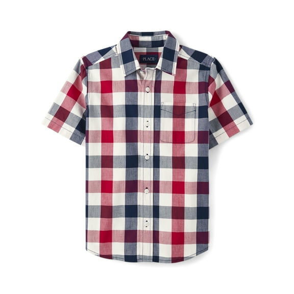 The Children's Place Boys Short Sleeve Gingham Poplin Button Up Shirt, Sizes XS-XXL