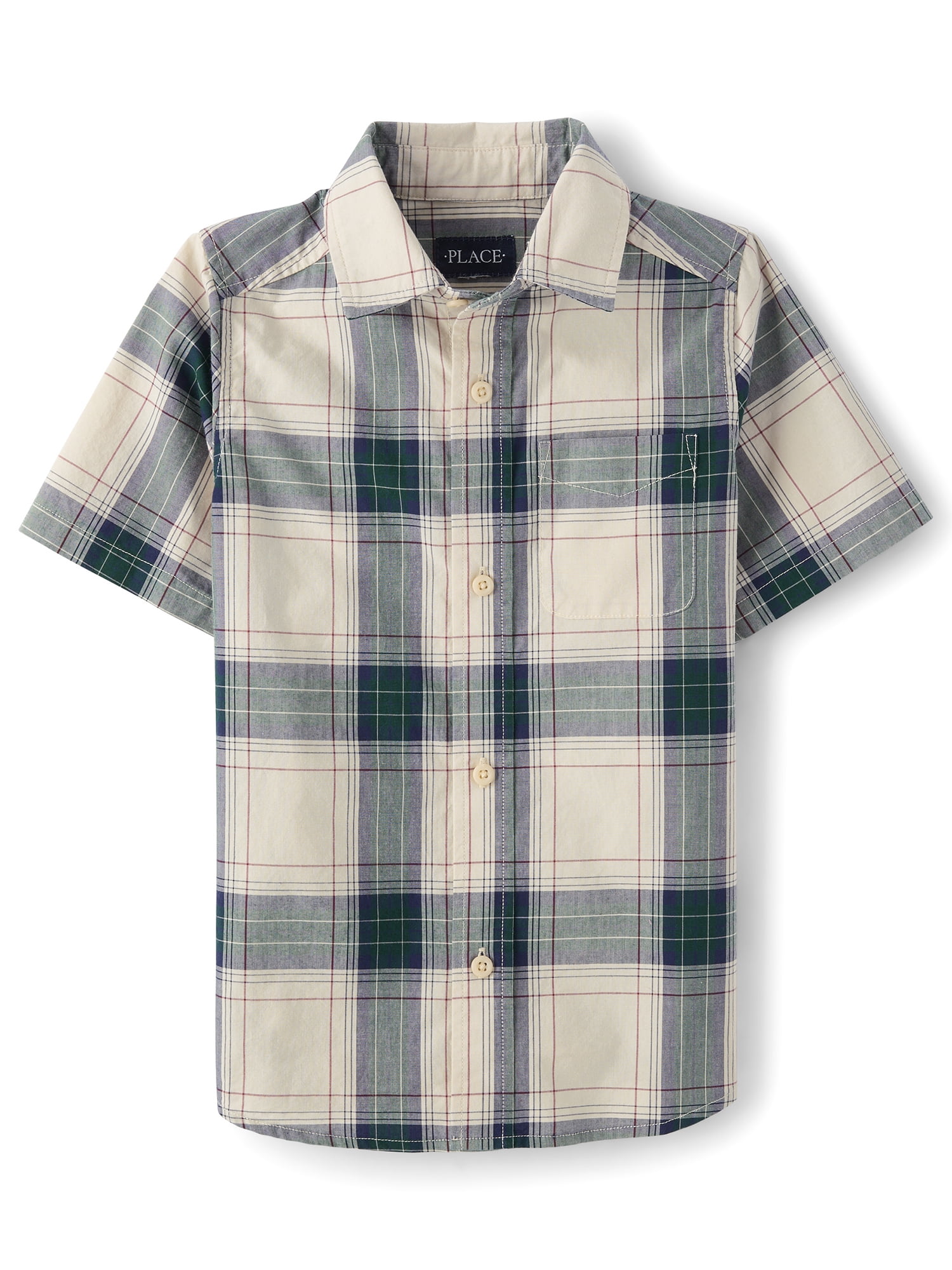 The Children's Place Boys Short Sleeve Plaid Poplin Button Up Shirt, Sizes XS-XXL
