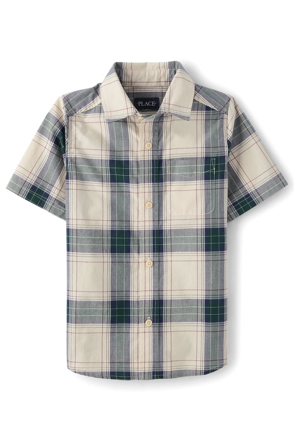 Boys Short Sleeve Plaid Poplin Button Up Shirt, Sizes XS-XXL