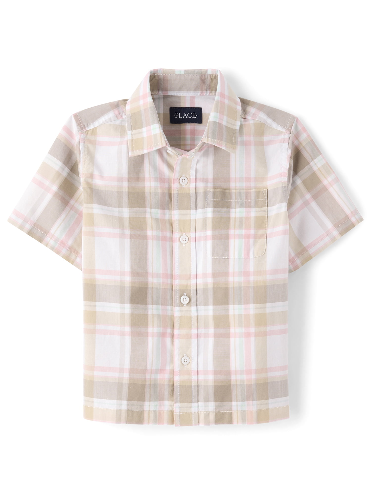 The Children's Place Boys Short Sleeve Plaid Poplin Button Up Shirt, Sizes XS-XXL