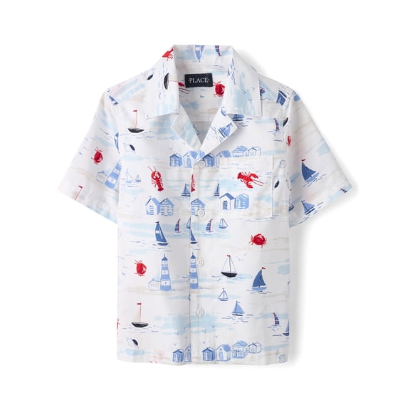 The Children's Place Boys Short Sleeve Printed Poplin Button Up Shirt, Sizes S-XXL