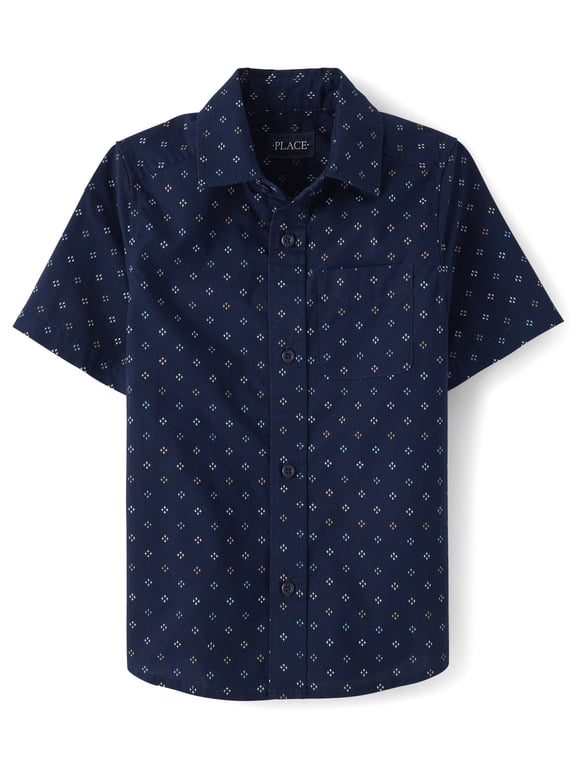 Boys Short Sleeve Printed Poplin Button Up Shirt, Sizes XS-XXL