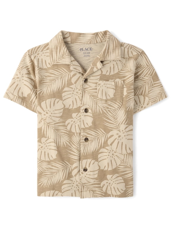 Boys Short Sleeve Tropical Leaf Knit Button Up Shirt, Sizes S-XXL