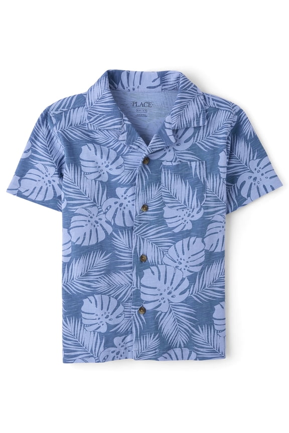 Boys Short Sleeve Tropical Leaf Knit Button Up Shirt, Sizes XS-XXL