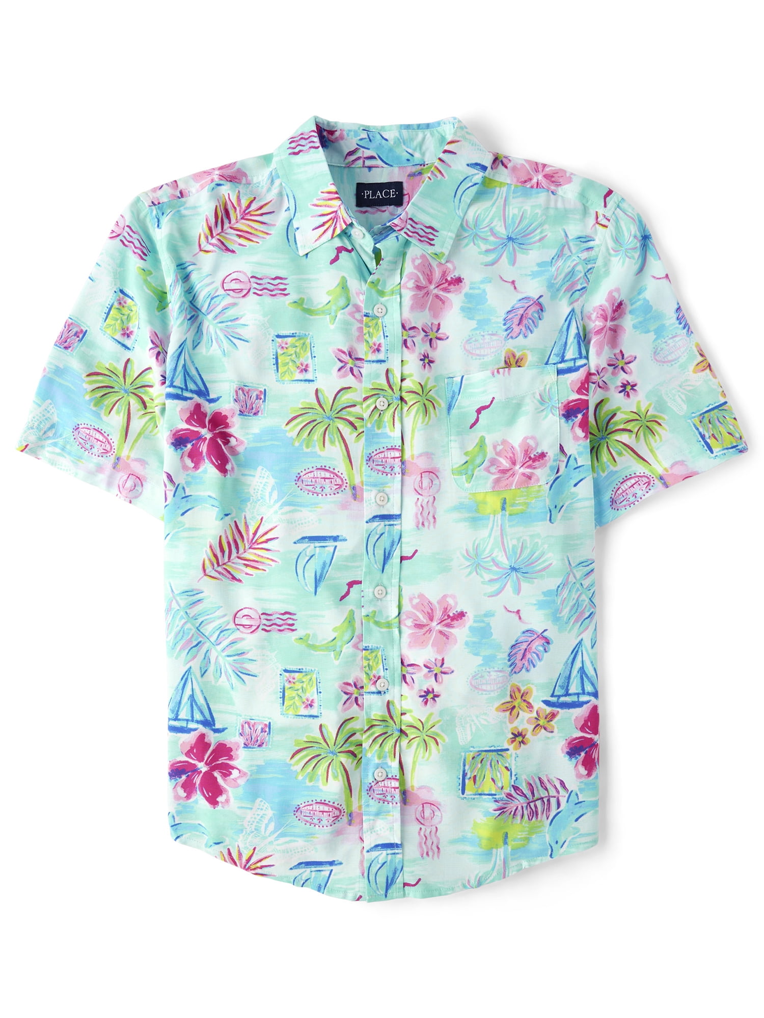 The Children's Place Dad Matching Short Sleeve Button Up Shirt, Adult Sizes S-3XL