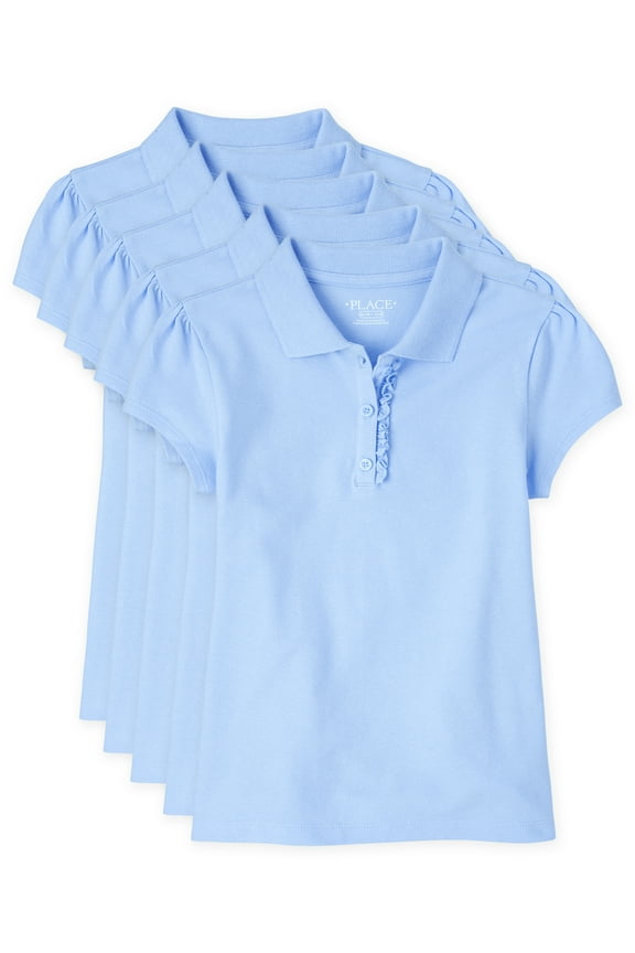 Girl's Uniform Short Sleeve Ruffle Pique Polo, 5-Pack