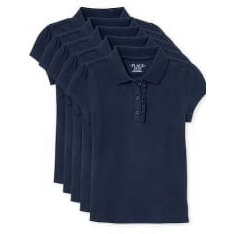 Girl's Uniform Short Sleeve Ruffle Pique Polo, 5-Pack