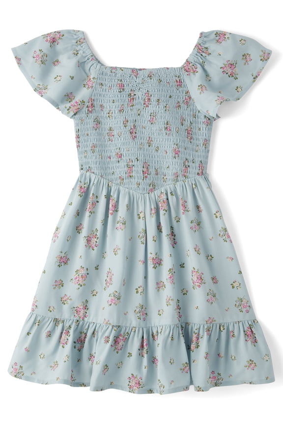 Girls Cap Sleeve Floral Smocked Ruffle Dress, Sizes XS-XXL