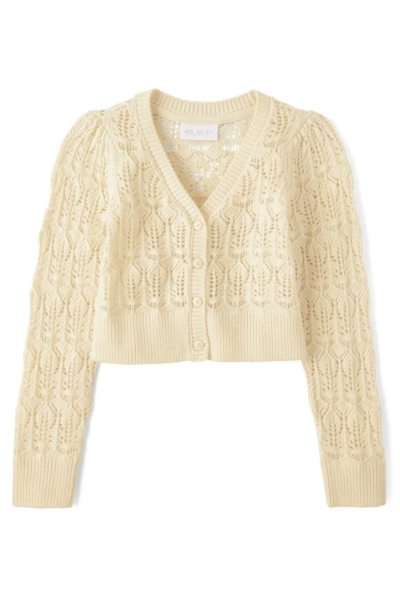 Girls Cropped Pointelle Button Up Cardigan, Sizes XS-XXL