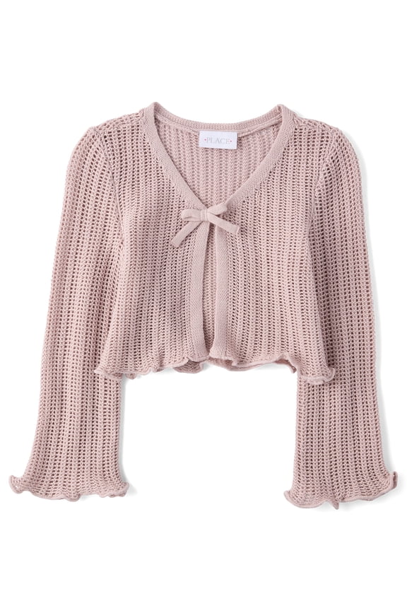 Girls Long Bell Sleeve Lettuce Pointelle Cardigan, Sizes XS-XXL